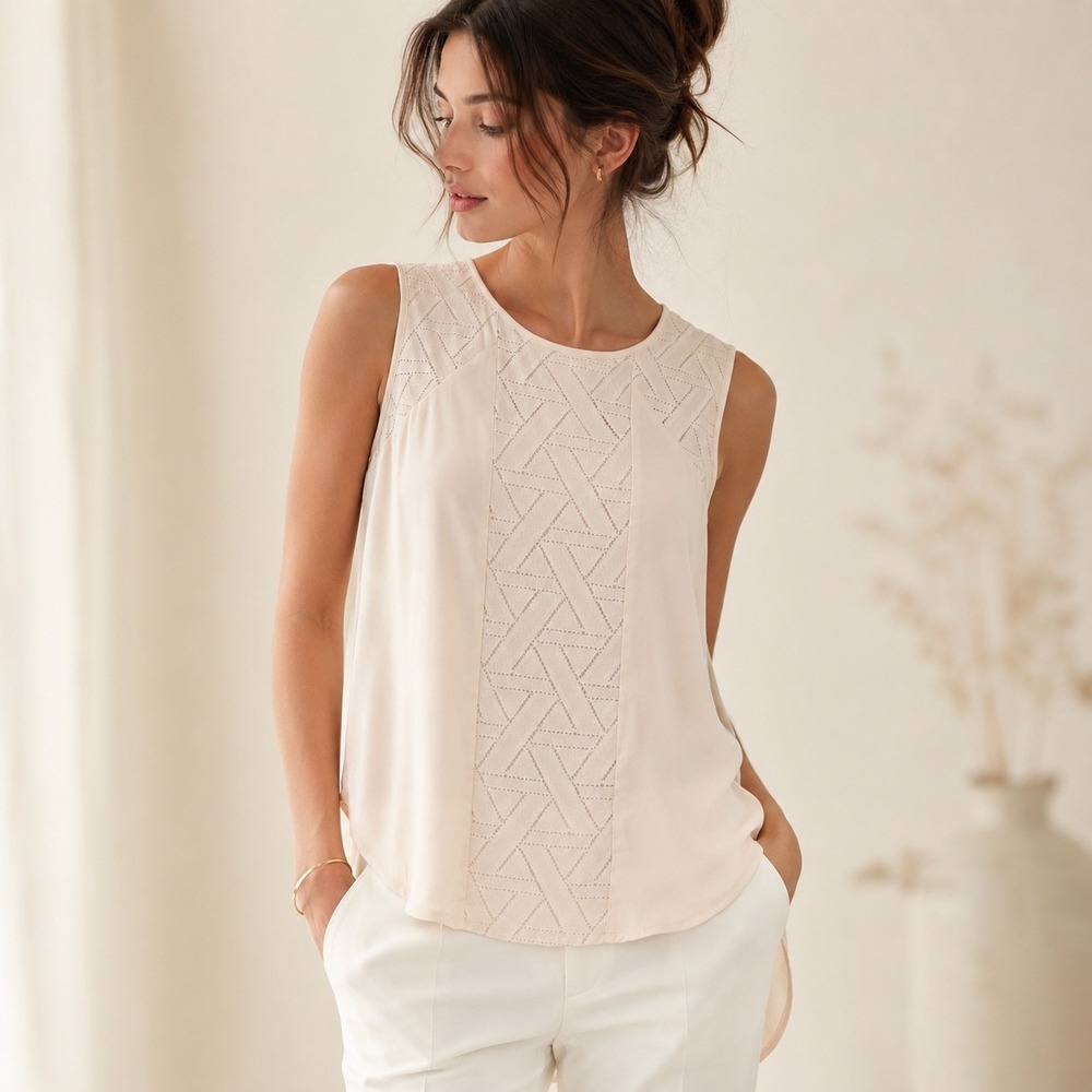 Banana Republic Petite S Ivory Geometric Lace Sleeveless Blouse Boho Minimalist